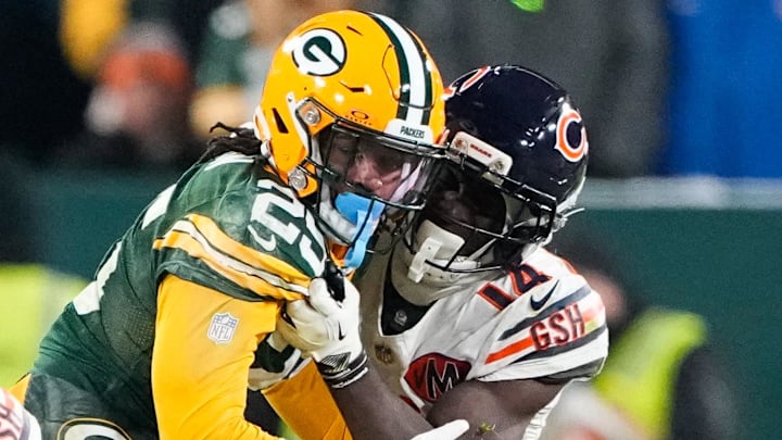 Green Bay Packers cornerback Keisean Nixon tries to get off the block by Bears receiver Olamide Zaccheaus.