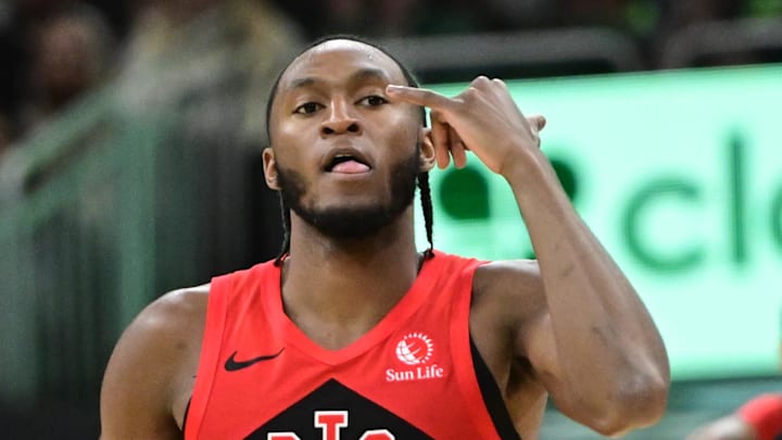 Feb 22, 2026; Milwaukee, Wisconsin, USA; Toronto Raptors guard Immanuel Quickley (5) reacts after scoring a 3-point basket against the Milwaukee Bucks in the third quarter at Fiserv Forum. Mandatory Credit: Benny Sieu-Imagn Images