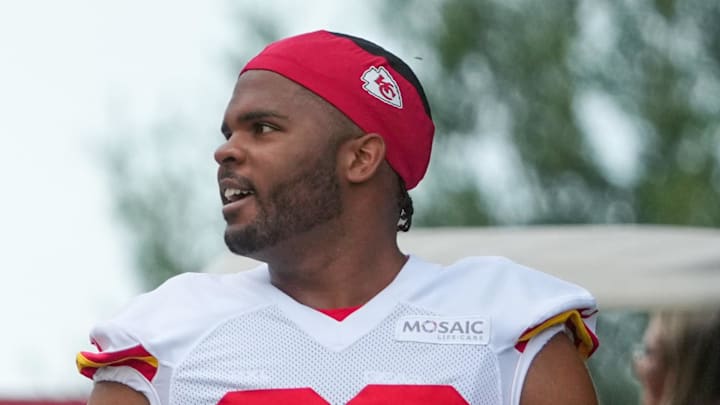 Kansas City Chiefs defensive tackle Jerry Tillery walks down the hill to the practice fields during training camp