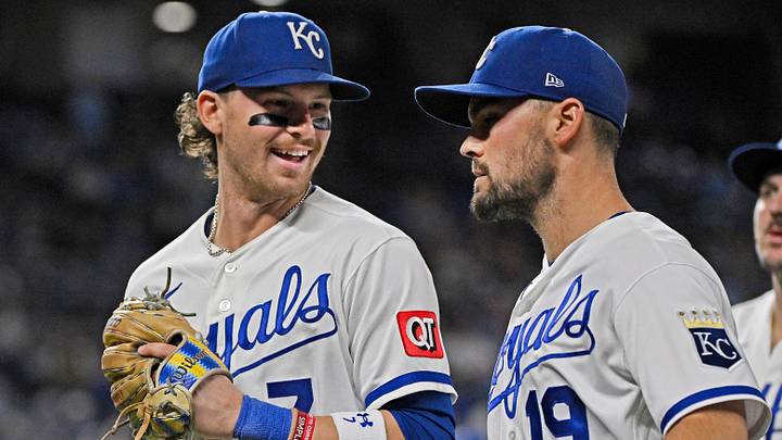 Sep 23, 2026; Kansas City, Missouri, USA;  Kansas City Royals second baseman Michael Massey (19) and shortstop Bobby Witt Jr. (7) run off the field in the fourth inning against the Chicago White Sox at Kauffman Stadium.  Mandatory Credit: Peter Aiken-Imagn Images