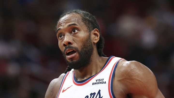 Feb 10, 2026; Houston, Texas, USA; Los Angeles Clippers forward Kawhi Leonard (2) reacts after a play during the third quarter against the Houston Rockets at Toyota Center. Mandatory Credit: Troy Taormina-Imagn Images