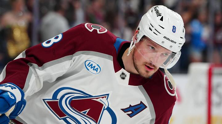 May 24, 2026; Las Vegas, Nevada, USA; Colorado Avalanche defenseman Cale Makar (8) warms up before a game against the Vegas Golden Knights in game three of the Western Conference Final of the 2026 Stanley Cup Playoffs at T-Mobile Arena. Mandatory Credit: Stephen R. Sylvanie-Imagn Images