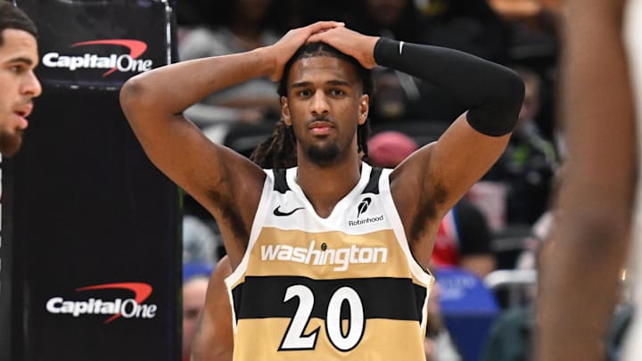 Nov 16, 2025; Washington, District of Columbia, USA; Washington Wizards center Alex Sarr (20) reacts after a foul call against the Brooklyn Nets during the third quarter at Capital One Arena. Mandatory Credit: Rafael Suanes-Imagn Images Nov 16, 2025; Washington, District of Columbia, USA; Washington Wizards center Alex Sarr (20) reacts after a foul call against the Brooklyn Nets during the third quarter at Capital One Arena. Mandatory Credit: Rafael Suanes-Imagn Images