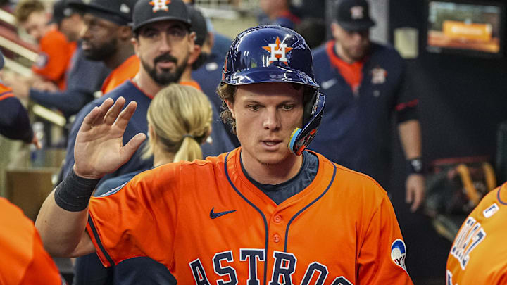 Sep 13, 2025; Cumberland, Georgia, USA; Houston Astros center fielder Jake Meyers (6) reacts in the dugout after scoring a run against the Atlanta Braves during the second inning at Truist Park. Mandatory Credit: Dale Zanine-Imagn Images Sep 13, 2025; Cumberland, Georgia, USA; Houston Astros center fielder Jake Meyers (6) reacts in the dugout after scoring a run against the Atlanta Braves during the second inning at Truist Park. Mandatory Credit: Dale Zanine-Imagn Images