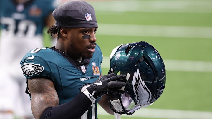 Former  Philadelphia Eagles safety C.J. Gardner-Johnson (8) walks on the field during warmups before Super Bowl LIX between the Philadelphia Eagles and the Kansas City Chiefs at Caesars Superdome.
