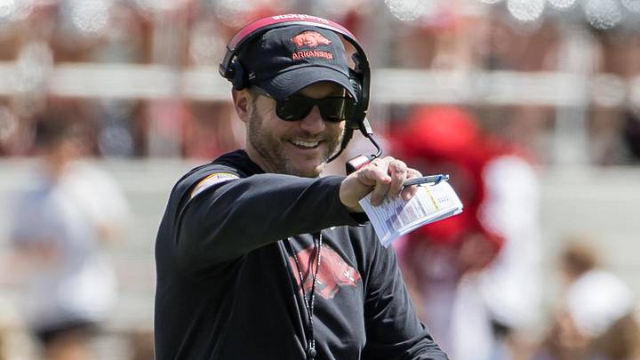 New Arkansas Razorbacks coach Ryan Silverfield points during the spring game at Razorback Stadium. New Arkansas Razorbacks coach Ryan Silverfield points during the spring game at Razorback Stadium.