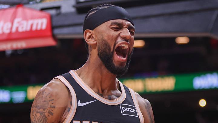 Atlanta Hawks guard Nickeil Alexander-Walker (7) reacts after a basket against the Detroit Pistons in the fourth quarter at State Farm Arena on November 18, 2025.