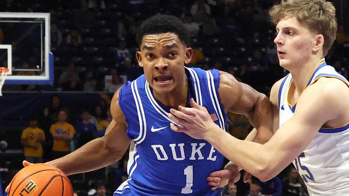 Feb 10, 2026; Pittsburgh, Pennsylvania, USA; Duke Blue Devils guard Caleb Foster (1) dribbles the ball as Pittsburgh Panthers guard Nojus Indrusaitis (right) defends during the second half at Petersen Events Center. Mandatory Credit: Charles LeClaire-Imagn Images Feb 10, 2026; Pittsburgh, Pennsylvania, USA; Duke Blue Devils guard Caleb Foster (1) dribbles the ball as Pittsburgh Panthers guard Nojus Indrusaitis (right) defends during the second half at Petersen Events Center. Mandatory Credit: Charles LeClaire-Imagn Images