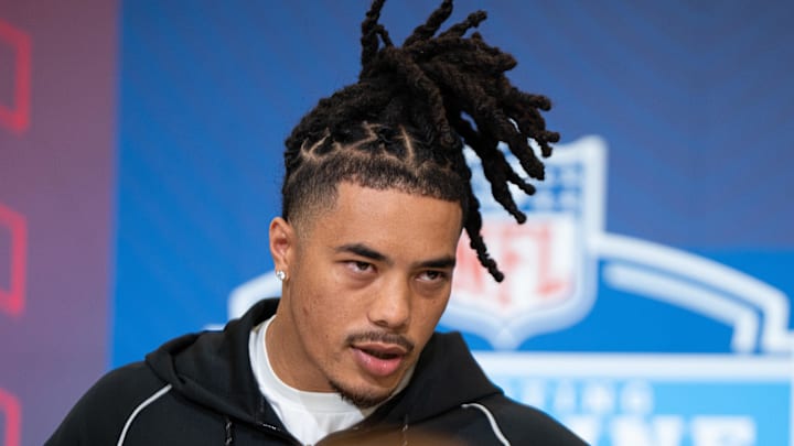 Feb 27, 2026; Indianapolis, IN, USA; Southern California wideout Makai Lemon (WO29) speaks to members of the media during the NFL Combine at the Indiana Convention Center. Mandatory Credit: Jacob Musselman-Imagn Images