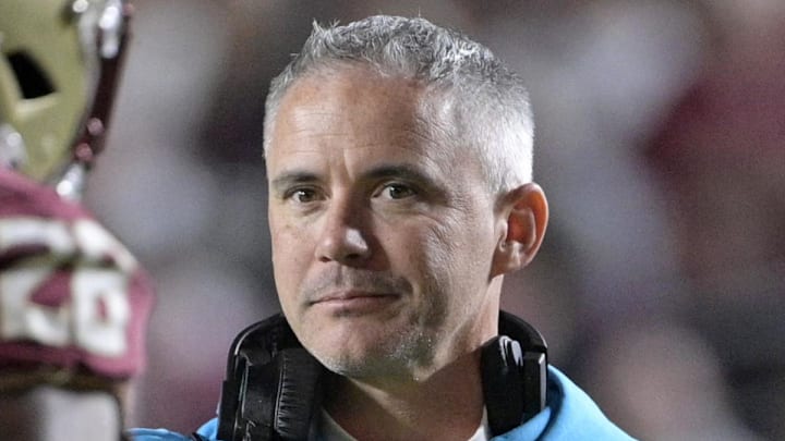 Nov 1, 2025; Tallahassee, Florida, USA; Florida State Seminoles head coach Mike Norvell celebrates a touchdown during the fourth quarter against the Wake Forest Demon Deacons at Doak S. Campbell Stadium. Mandatory Credit: Melina Myers-Imagn Images