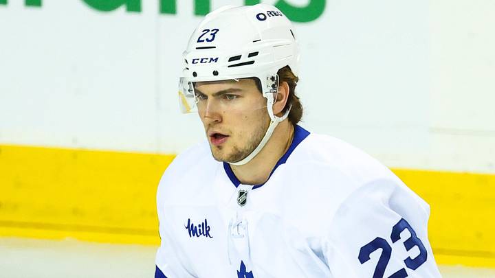 Feb 2, 2026; Calgary, Alberta, CAN; Toronto Maple Leafs left wing Matthew Knies (23) skates during the warmup period against the Calgary Flames at Scotiabank Saddledome. Mandatory Credit: Sergei Belski-Imagn Images