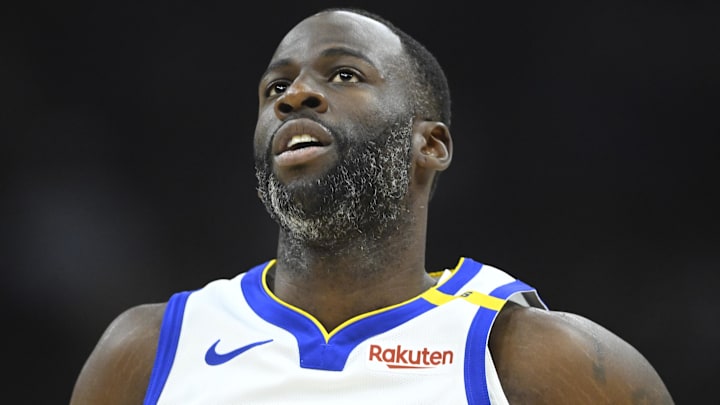 Nov 8, 2024; Cleveland, Ohio, USA; Golden State Warriors forward Draymond Green (23) runs on the court in the first quarter against the Cleveland Cavaliers at Rocket Mortgage FieldHouse. Mandatory Credit: David Richard-Imagn Images