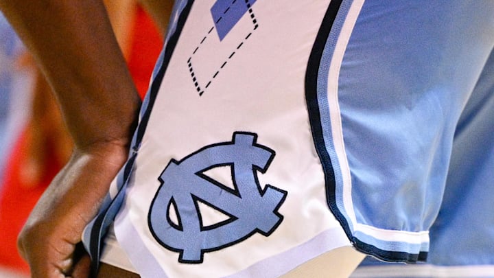 Jan 3, 2026; Dallas, Texas, USA; A view of the North Carolina Tar Heels logo on the shorts of forward Caleb Wilson (8) during the second half against the SMU Mustangs at Moody Coliseum. Mandatory Credit: Jerome Miron-Imagn Images