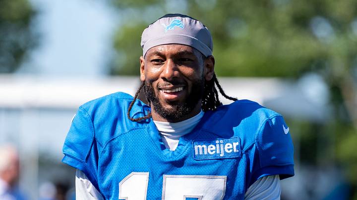 Aug 3, 2026; Allen Park, MI, USA; Detroit Lions wide receiver Tay Martin (17) smiles during Detroit Lions training camp. Mandatory Credit: Paul Barnick-Imagn Images