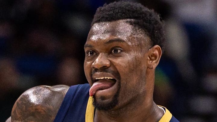 Feb 11, 2026; New Orleans, Louisiana, USA; New Orleans Pelicans forward Zion Williamson (1) reacts to a play against the Miami Heat during the first half at Smoothie King Center. Mandatory Credit: Stephen Lew-Imagn Images Feb 11, 2026; New Orleans, Louisiana, USA; New Orleans Pelicans forward Zion Williamson (1) reacts to a play against the Miami Heat during the first half at Smoothie King Center. Mandatory Credit: Stephen Lew-Imagn Images