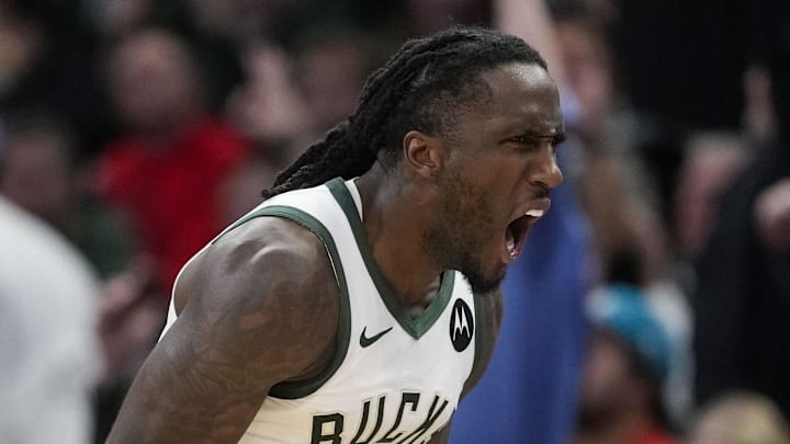 Milwaukee Bucks forward Taurean Prince (12) celebrates after scoring a basket during the fourth quarter against the Detroit Pistons at Fiserv Forum on November 13, 2024.