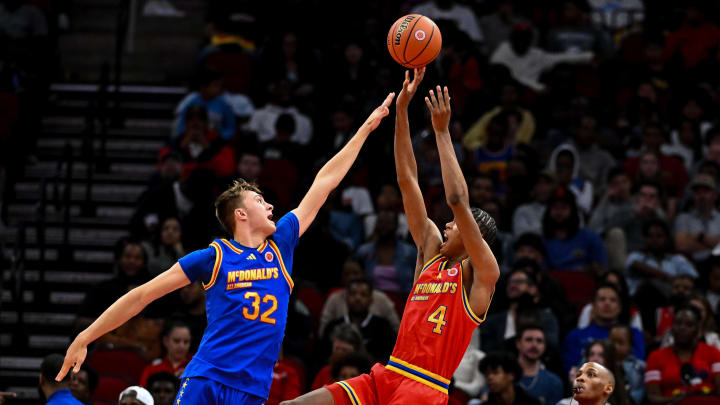 Apr 2, 2024; Houston, TX, USA; McDonald's All American East forward Cooper Flagg (32) attempts to block McDonald's All American West forward Airious Bailey (4) shot during the first half at Toyota Center. Mandatory Credit: Maria Lysaker-USA TODAY Sports