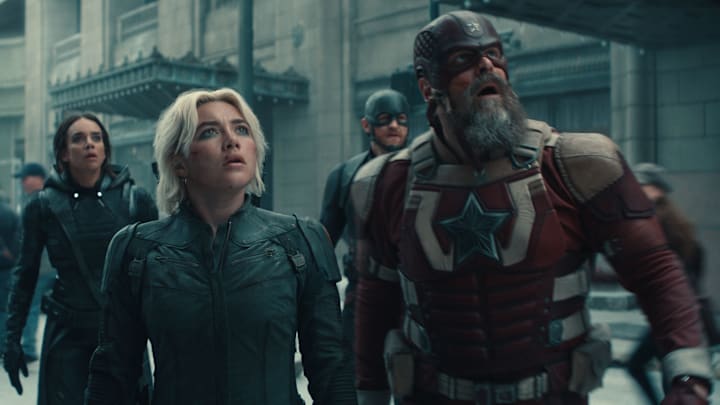 (L-R) Bucky Barnes (Sebastian Stan), Ghost (Hannah John-Kamen), Yelena Belova (Florence Pugh), John Walker (Wyatt Russell), and Red Guardian/Alexei Shostakov (David Harbour) in Marvel Studios' THUNDERBOLTS*. Photo courtesy of Marvel Studios. © 2024 MARVEL.