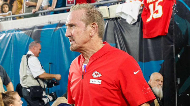 Oct 6, 2025; Jacksonville, Florida, USA; Kansas City Chiefs defensive coordinator Steve Spagnuolo before the game against the Jacksonville Jaguars at EverBank Stadium. Mandatory Credit: Morgan Tencza-Imagn Images