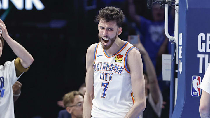 May 7, 2024; Oklahoma City, Oklahoma, USA; Oklahoma City Thunder forward Chet Holmgren (7) celebrates after a basket against the Dallas Mavericks during the second half of game one of the second round for the 2024 NBA playoffs at Paycom Center. Mandatory Credit: Alonzo Adams-Imagn Images May 7, 2024; Oklahoma City, Oklahoma, USA; Oklahoma City Thunder forward Chet Holmgren (7) celebrates after a basket against the Dallas Mavericks during the second half of game one of the second round for the 2024 NBA playoffs at Paycom Center. Mandatory Credit: Alonzo Adams-Imagn Images