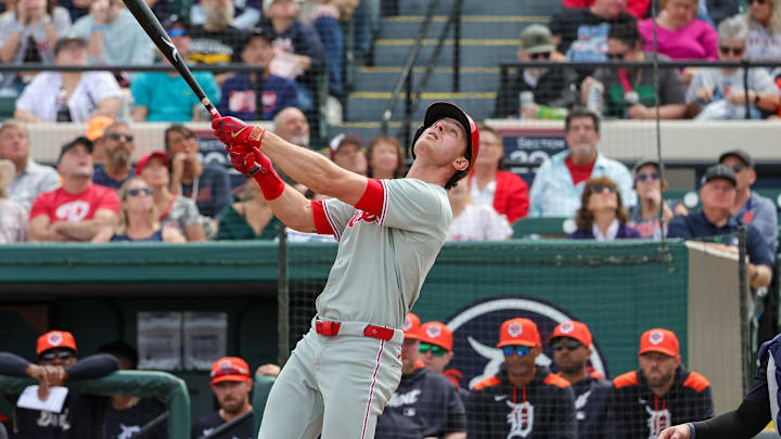 Feb 22, 2025; Lakeland, Florida, USA; Philadelphia Phillies outfielder Max Kepler (17) watches a fly ball during the second inning against the Detroit Tigers at Publix Field at Joker Marchant Stadium. 