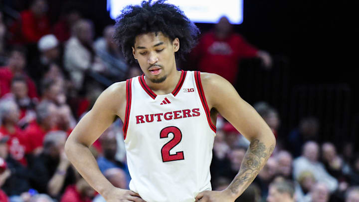 Feb 23, 2025; Piscataway, New Jersey, USA; Rutgers Scarlet Knights guard Dylan Harper (2) during the first half against the USC Trojans at Jersey Mike's Arena. Mandatory Credit: John Jones-Imagn Images