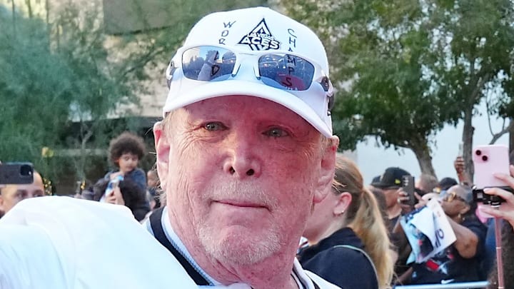 Oct 17, 2025; Las Vegas, NV, USA; Las Vegas Aces owner Mark Davis arrives on the red carpet during the Aces 2025 Championship celebration at Toshiba Plaza. Mandatory Credit: Stephen R. Sylvanie-Imagn Images
