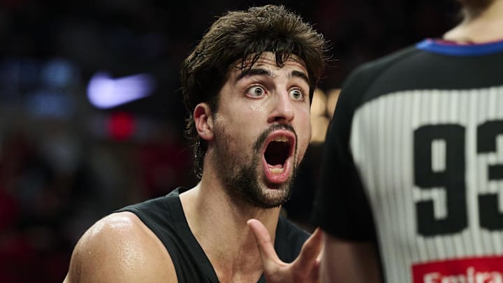 Dec 22, 2025; Portland, Oregon, USA; Portland Trail Blazers forward Deni Avdija (8) reacts toward a referee after getting called for a foul during the second half against the Detroit Pistons at Moda Center. Mandatory Credit: Troy Wayrynen-Imagn Images
