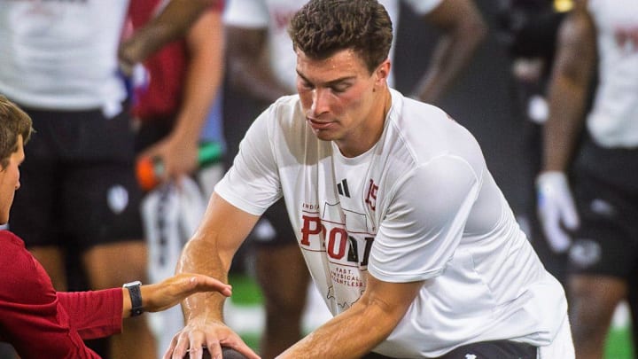 Fernando Mendoza participates in Indiana University's Pro Day at Mellencamp Pavilion on Wednesday, April 1, 2026.