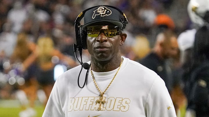 Oct 4, 2025; Fort Worth, Texas, USA; Colorado Buffaloes head coach Deion Sanders on the sidelines during the first half against the TCU Horned Frogs at Amon G. Carter Stadium. Mandatory Credit: Raymond Carlin III-Imagn Images