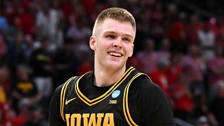 Mar 26, 2026; Houston, TX, USA;Iowa Hawkeyes guard Bennett Stirtz (14) reacts after beating the Nebraska Cornhuskers during a Sweet Sixteen game of the South Regional of the men's 2026 NCAA Tournament at Toyota Center. Mandatory Credit: Maria Lysaker-Imagn Images