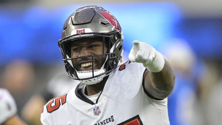 Tampa Bay Buccaneers cornerback Jamel Dean (35) celebrates after a fumble recovery in the second half against the Los Angeles Chargers