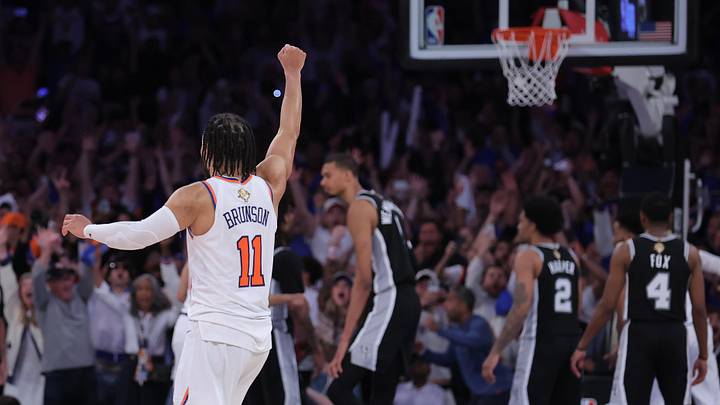 Jun 10, 2026; New York, New York, USA; New York Knicks guard Jalen Brunson (11) reacts in the fourth quarter against the San Antonio Spurs during game four of the 2026 NBA Finals at Madison Square Garden. Mandatory Credit: Brad Penner-Imagn Images Jun 10, 2026; New York, New York, USA; New York Knicks guard Jalen Brunson (11) reacts in the fourth quarter against the San Antonio Spurs during game four of the 2026 NBA Finals at Madison Square Garden. Mandatory Credit: Brad Penner-Imagn Images