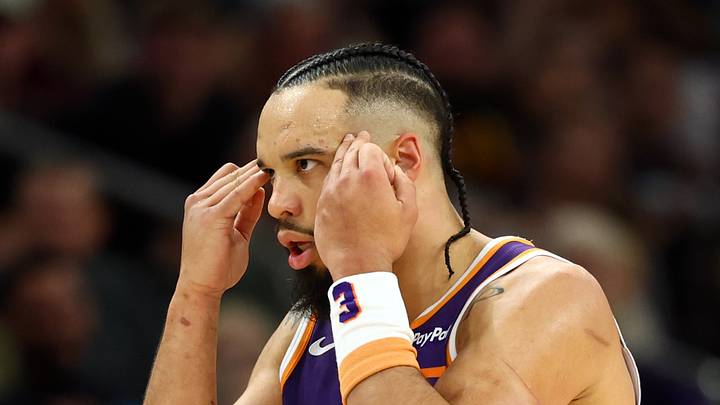 Phoenix, Arizona, USA; Phoenix Suns forward Dillon Brooks (3) reacts against the Cleveland Cavaliers at Mortgage Matchup Center on Jan 30, 2026.