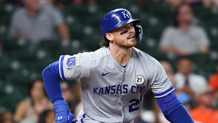 Sep 15, 2026; Houston, Texas, USA; Kansas City Royals shortstop Bobby Witt Jr. bats during the first inning against the Houston Astros at Daikin Park. Mandatory Credit: Troy Taormina-Imagn Images