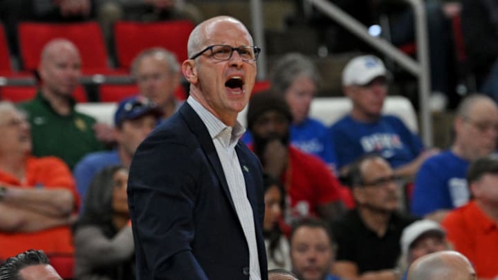 Mar 23, 2025; Raleigh, NC, USA; Connecticut Huskies head coach Dan Hurley reacts during the first half against the Florida Gators in the second round of the NCAA Tournament at Lenovo Center. Mandatory Credit: Zachary Taft-Imagn Images