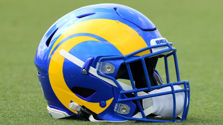 Aug 19, 2021; Thousand Oaks, CA, USA; A detailed view of a Los Angeles Rams helmet during a joint practice against the Las Vegas Raiders. Mandatory Credit: Kirby Lee-Imagn Images