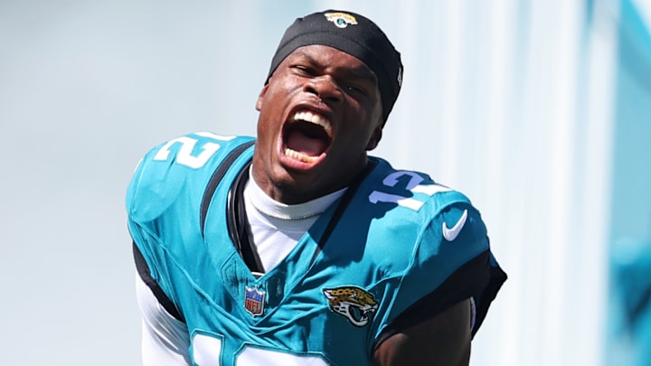 Jacksonville Jaguars wide receiver Travis Hunter (12) runs on the field before the game against the Seattle Seahawks at EverBank Stadium.