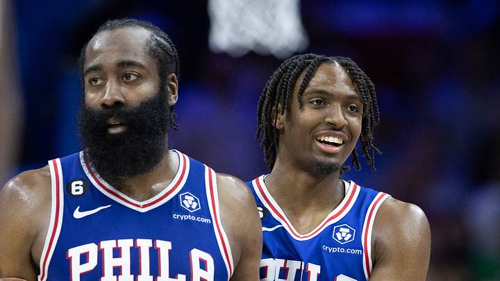 Philadelphia 76ers guard Tyrese Maxey (0) celebrates with Philadelphia 76ers guard James Harden (1) after a score against the Boston Celtics during the fourth quarter at Wells Fargo Center. Philadelphia 76ers guard Tyrese Maxey (0) celebrates with Philadelphia 76ers guard James Harden (1) after a score against the Boston Celtics during the fourth quarter at Wells Fargo Center.