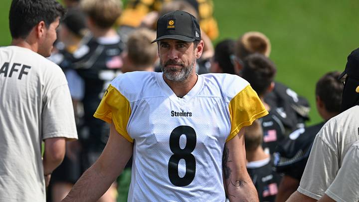 Aug 03, 2026; Latrobe, PA, USA; Pittsburgh Steelers quarterback Aaron Rodgers (8) takes the field for a practice session at Training camp at Saint Vincent College. Aug 03, 2026; Latrobe, PA, USA; Pittsburgh Steelers quarterback Aaron Rodgers (8) takes the field for a practice session at Training camp at Saint Vincent College.