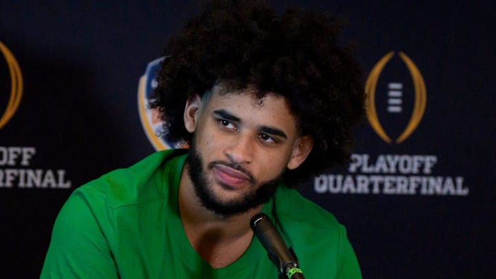 Oregon quarterback Dante Moore speaks during the Oregon Ducks media day ahead of Orange Bowl on Dec. 30, 2025, at Hard Rock Stadium in Miami, Florida.