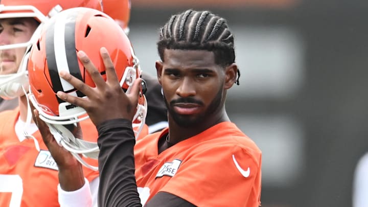Jun 12, 2025; Berea, OH, USA; Cleveland Browns quarterback Shedeur Sanders (12) listens to a play call during mini camp at CrossCountry Mortgage Campus. Mandatory Credit: Ken Blaze-Imagn Images
