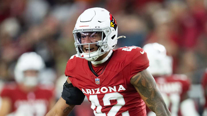 Nov 3, 2024; Glendale, Arizona, USA; Arizona Cardinals safety Dadrion Taylor-Demerson (42) against the Chicago Bears at State Farm Stadium. Mandatory Credit: Mark J. Rebilas-Imagn Images