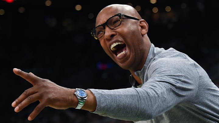 May 1, 2023; Boston, Massachusetts, USA; Philadelphia 76ers assistant coach Sam Cassell reacts to a play in the second half during game one of the 2023 NBA playoffs against the Boston Celtics at TD Garden. Mandatory Credit: Bob DeChiara-Imagn Images