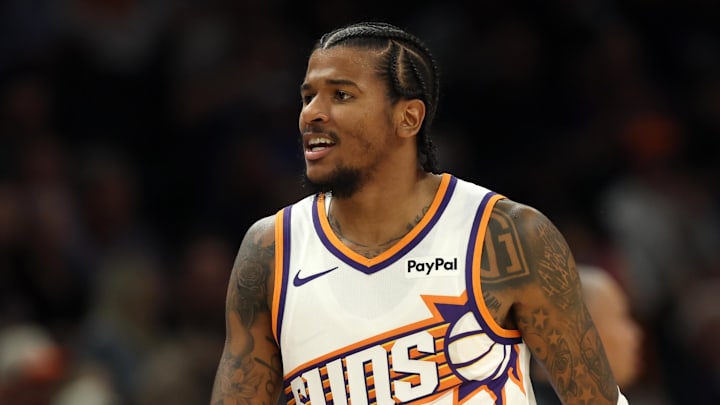 Nov 6, 2025; Phoenix, Arizona, USA; Phoenix Suns guard Jalen Green (4) against the Los Angeles Clippers in the first half at the Mortgage Matchup Center. Mandatory Credit: Mark J. Rebilas-Imagn Images