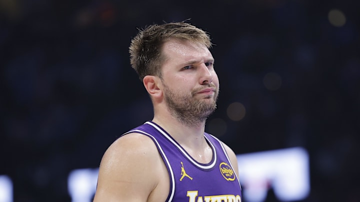 Nov 12, 2025; Oklahoma City, Oklahoma, USA; Los Angeles Lakers guard Luka Doncic reacts to a fan during the second quarter of a game against the Oklahoma City Thunder at Paycom Center. Mandatory Credit: Alonzo Adams-Imagn Images