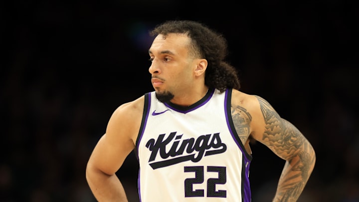 Mar 14, 2025; Phoenix, Arizona, USA; Sacramento Kings guard Devin Carter (22) against the Phoenix Suns at Footprint Center. Mandatory Credit: Mark J. Rebilas-Imagn Images