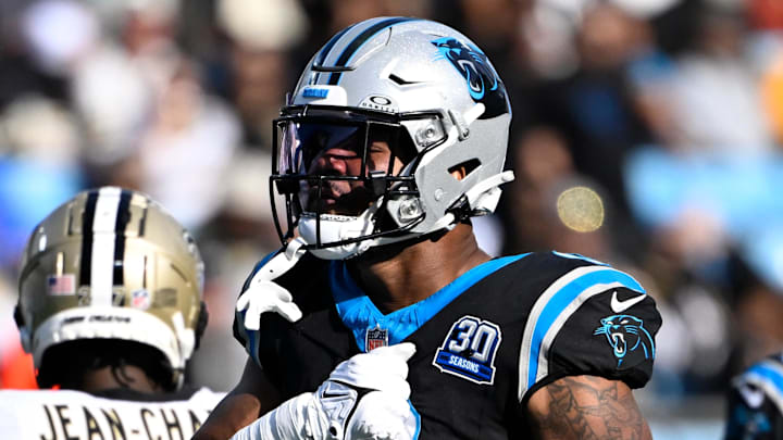 Nov 3, 2024; Charlotte, North Carolina, USA; Carolina Panthers tight end Ja'Tavion Sanders (0) reacts after making a catch in the third quarter at Bank of America Stadium. Mandatory Credit: Bob Donnan-Imagn Images