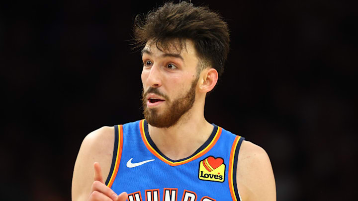 Apr 27, 2026; Phoenix, Arizona, USA; Oklahoma City Thunder center Chet Holmgren (7) against the Phoenix Suns during game four of the first round of the 2026 NBA Playoffs at Mortgage Matchup Center. Mandatory Credit: Mark J. Rebilas-Imagn Images