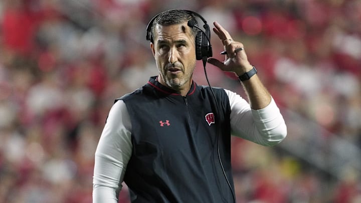 Aug 28, 2025; Madison, Wisconsin, USA;  Wisconsin Badgers head coach Luke Fickell looks on during the second quarter against the Miami (OH) RedHawks at Camp Randall Stadium. Mandatory Credit: Jeff Hanisch-Imagn Images